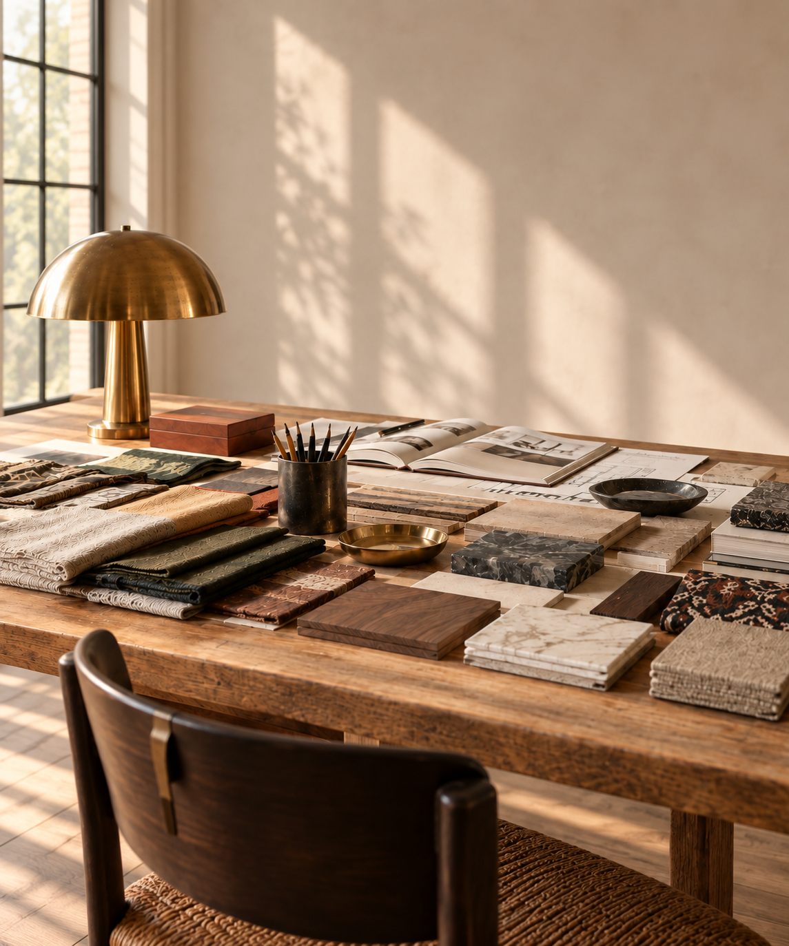 A design studio's work styled with curated furniture